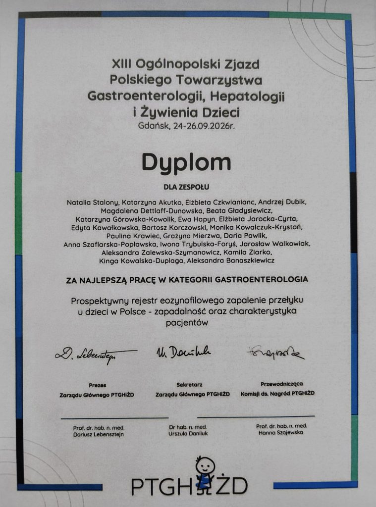 Dyplom dla zespołu badaczy przyznany podczas Zjazdu za najlepszą pracę w kategorii gastroenterologia