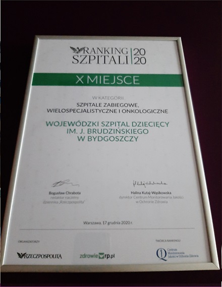 10. Miejsce wśród szpitali pediatrycznych