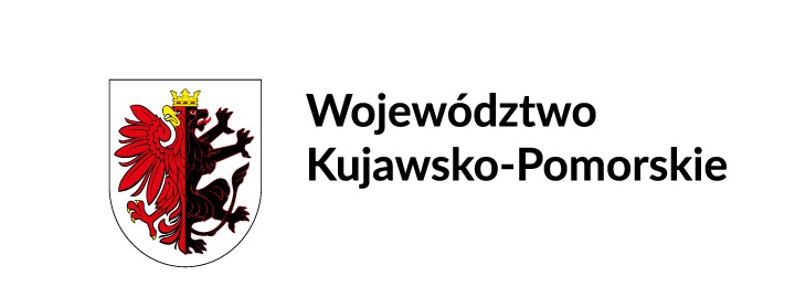 Herb Województwa Kujawsko-Pomorskiego z wizerunkiem czerwonego lwa oraz napisem "Województwo Kujawsko-Pomorskie".