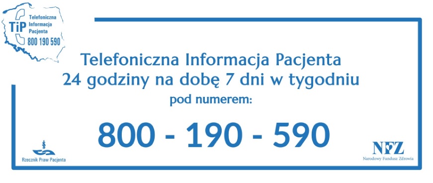 Telefoniczna Informacja Pacjenta NFZ czynna 24 godziny na dobę 7 dni w tygodniu pod numerem 800 190 590