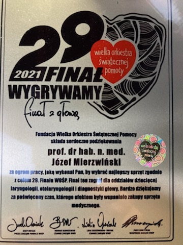 Dyplom dla prof. dr. hab. n. med. Józefa Mierzwlińskiego za wsparcie 29. Finału Wielkiej Orkiestry Świątecznej Pomocy 2021.