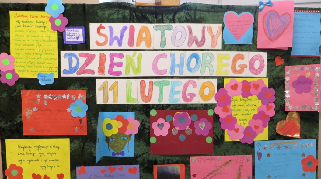 Plakat z okazji Światowego Dnia Chorego, z kolorowymi rysunkami.
