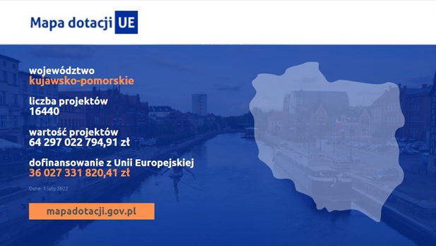 Mapa dotacji UE dla województwa kujawsko-pomorskiego, pokazująca projekty i ich wartości oraz dofinansowanie z UE.