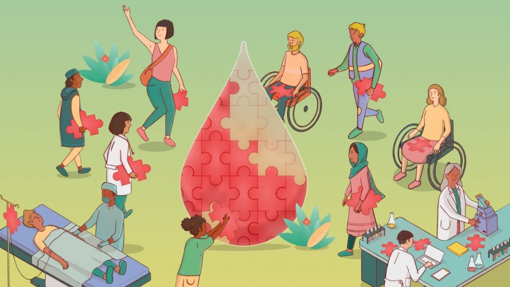 Kolorowa ilustracja przedstawiająca dawców krwi i pacjentów, układających z puzzli kroplę krwi
