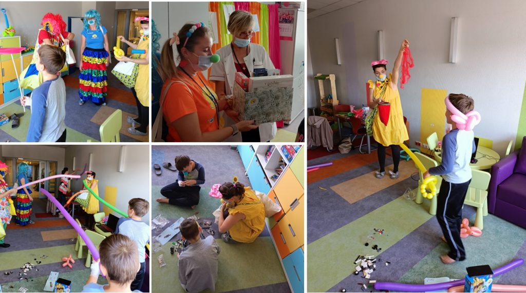 Kolaż pięciu zdjęć ze spotkania wolontariuszy Fundacji Dr Clown z pacjentami szpitala –
wspólna zabawa w świetlicy szpitalnej, przekazanie upominków.