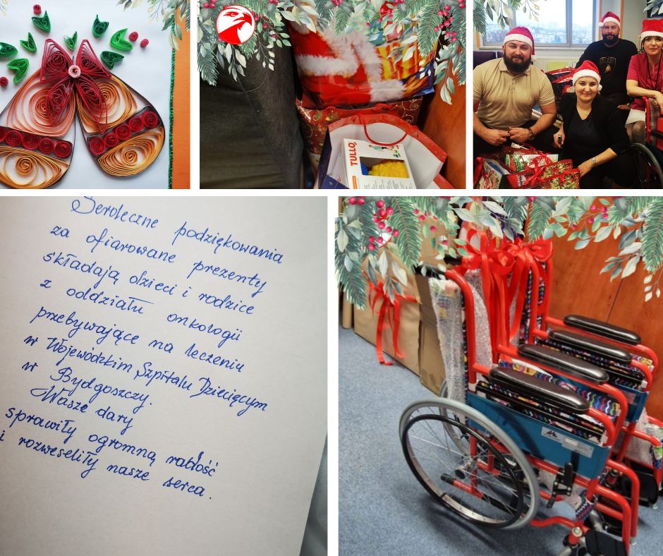 Kolaż zdjęć z wizyty KPE w Oddziale Onkologicznym, przekazane prezenty w tym wózki
inwalidzkie