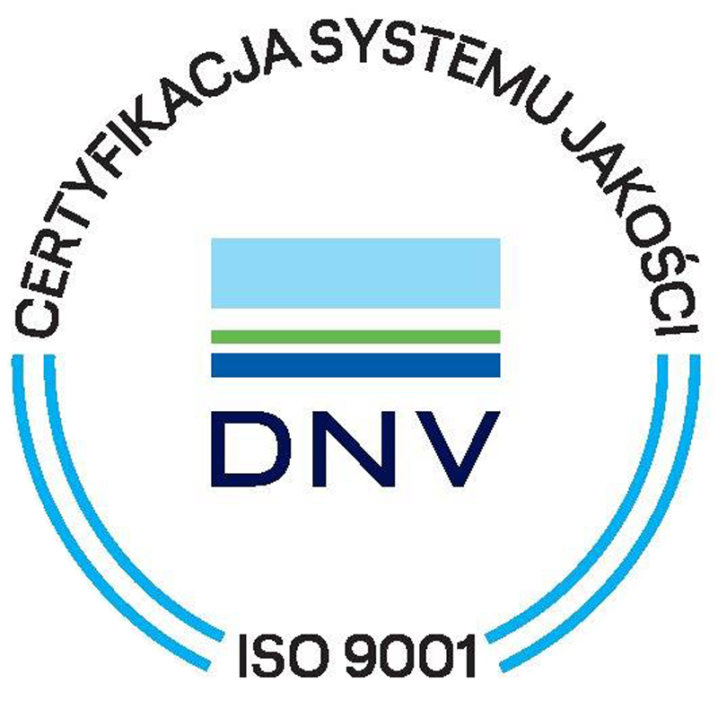 Certyfikat systemu jakości Certyfikat ISO 9001 DNV, potwierdzający wysoką jakość systemu zarządzania.