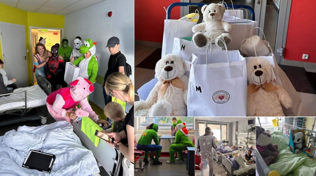 Wolontariusze Stowarzyszenia Uśmiech Nadziei Dzieciom przebrani w stroje superbohaterów
podczas spotkań z pacjentami w oddziałach szpitala, wspólne puszczanie baniek mydlanych, wózek z
pluszowymi zabawkami, które zostały przekazane pacjentom, pamiątkowe zdjęcia z pacjentami
