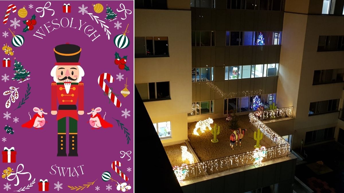 Po lewej grafika z kolorowym dziadkiem do orzechów i ozdobami świątecznymi na fioletowym tle z napisem „Wesołych Świąt”, po prawej stronie zdjęcie szpitala po zmroku – rozświetlony iluminacjami świątecznymi taras z kolorowymi figurkami zwierząt i świątecznymi ozdobami
