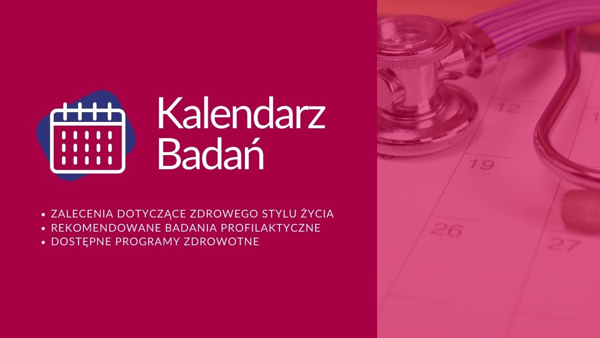 Zdjęcie stetoskopu i kalendarza, na czerwonym tle obok informacja: Kalendarz Badań Akademii NFZ podpowie, jakie są zalecenia dotyczące zdrowego stylu życia, jakie badania profilaktyczne można wykonać, z jakich programów zdrowotnych można skorzystać.