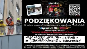 Zdjęcie alpinistów, którzy wspięli się na dachach szpitala; obok grafika z podziękowaniem dla szpitala za włączenie się do akcji Alpiniści dla WOŚP.