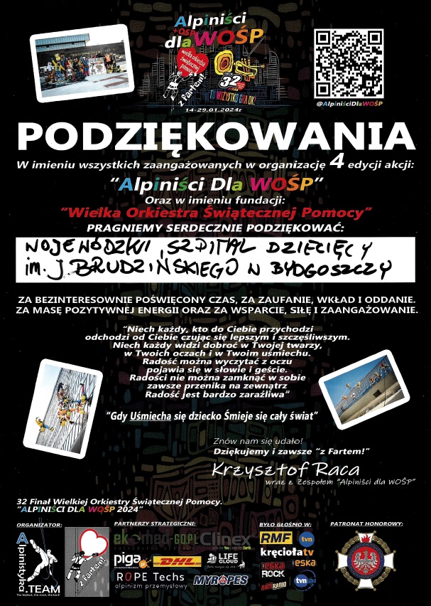 Podziękowania dla uczestników akcji "Alpiniści Dla WOŚP" wspierających szpital dziecięcy w Bydgoszczy w 2024 roku.