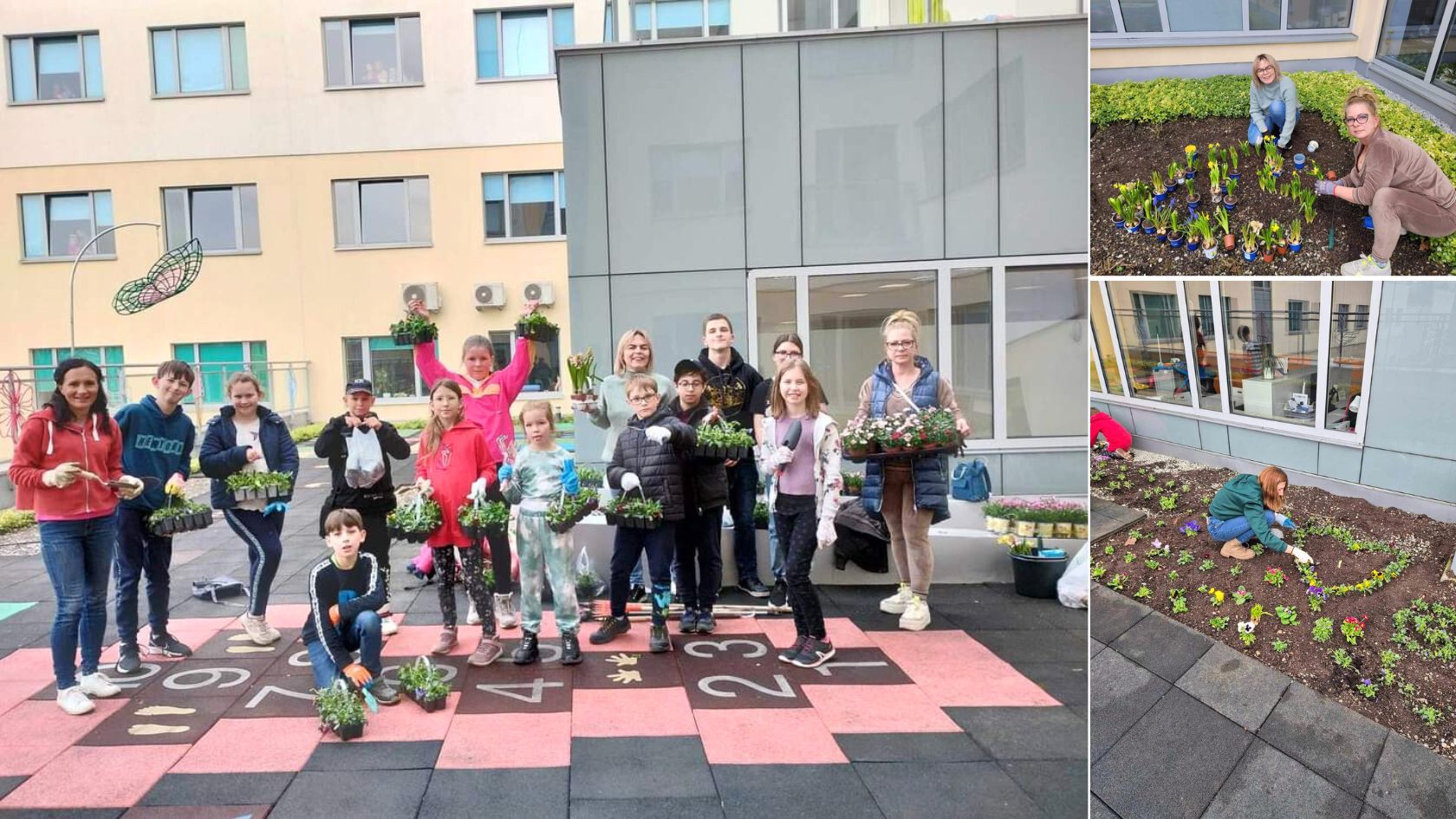Wolontariusze Stowarzyszenia Łatwo Pomagać i uczniowie sądzą wiosenne rośliny na tarasie na dachu budynku szpitala