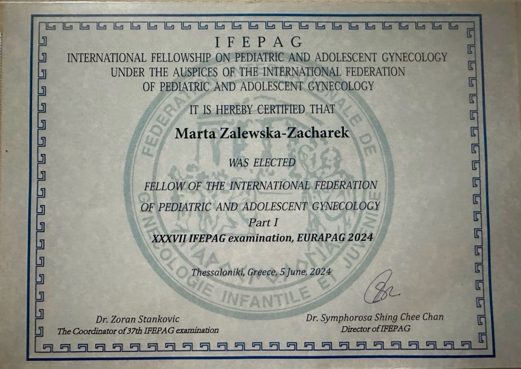 Certyfikat dla Marty Zalewskiej-Zacharek jako członka Międzynarodowej Federacji Ginekologii Dziecięcej i Młodzieżowej, Thessaloniki 2024.