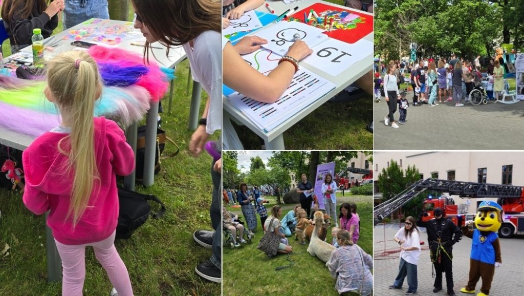 Kolaż pięciu zdjęć z obchodów Dnia Dziecka – dzieci przy stoisku z kolorowymi ozdobami do włosów, zabawy edukacyjne z nauczycielem Szpitalnej Szkoły, dzieci i opiekunowie w parku z alpakami, stoiska z przekąskami, dziewczynka pozuje ze strażakami, jeden w stroju Chase’a z bajki Psi Patrol, drugi w stroju Batmana