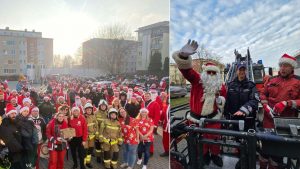 Dwa zdjęcia – Motomikołaje przed budynkiem szpitala pozdrawiają pacjentów i strażacy w stroju św. Mikołaja oraz policjantka wznoszą się na platformie, by przywitać się z dziećmi wyglądającymi z okien szpitala