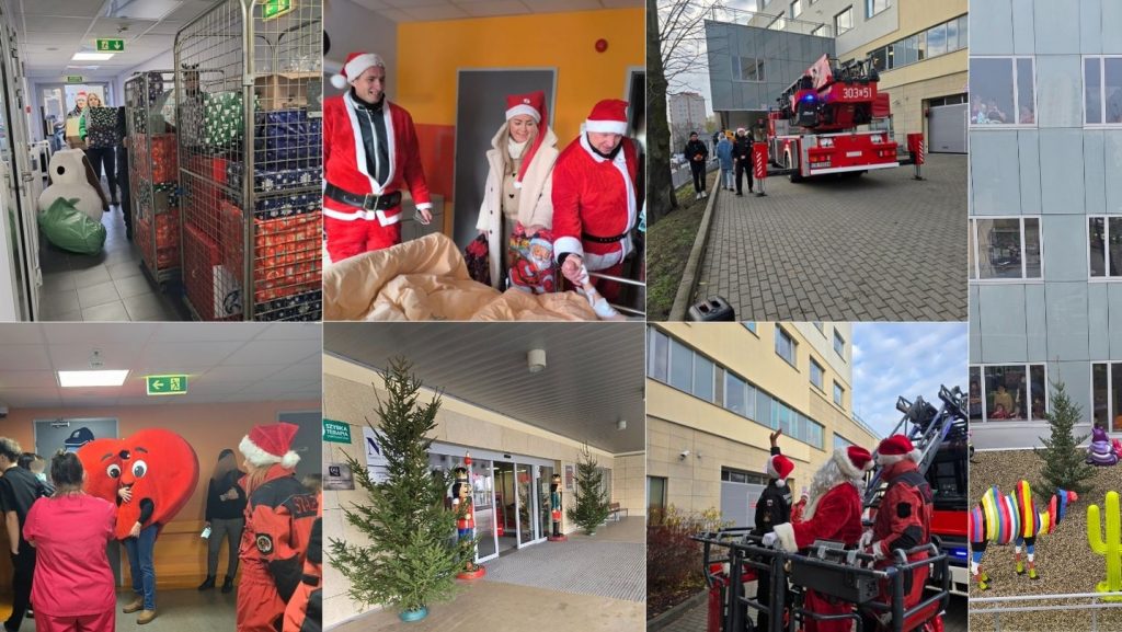 Wydarzenie świąteczne z Mikołajem, maskotkami, dekoracjami i prezentami w placówce, w tle wozy strażackie i przystrojone wejście.
