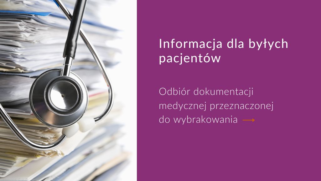 Informacja o odbiorze dokumentacji medycznej dla byłych pacjentów w celu wybrakowania. Stetoskop na tle teczek.