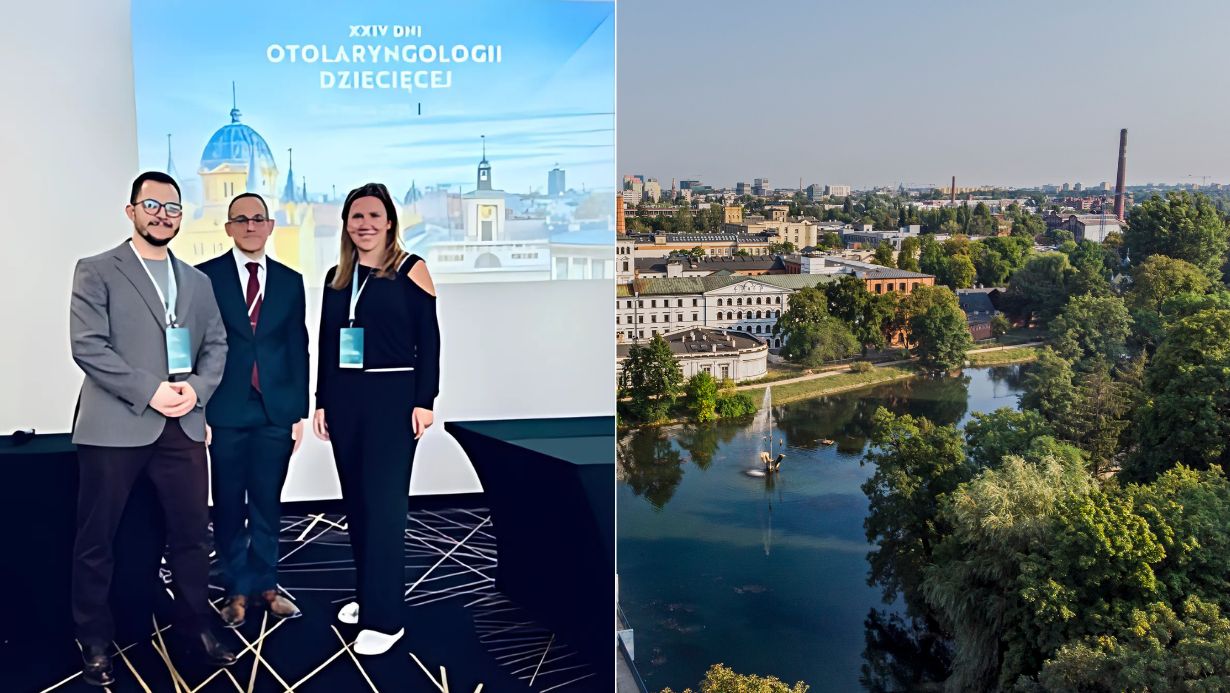 Lekarze Oddziału Otolaryngologii i dr Jacob R. Brodsky podczas wydarzenia, w tle zdjęcie panoramy miasta Łodzi