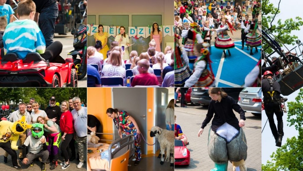 Kolaż zdjęć – występy atystów i zabawy dzieci w parku, alpaki z wizytą w oddziałach szpitalnych