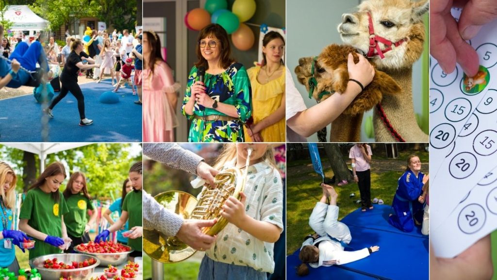 Kolaż zdjeć – zumba w parku, stoisko z truskawkami, pokazy judo, nauka gry na instrumentach