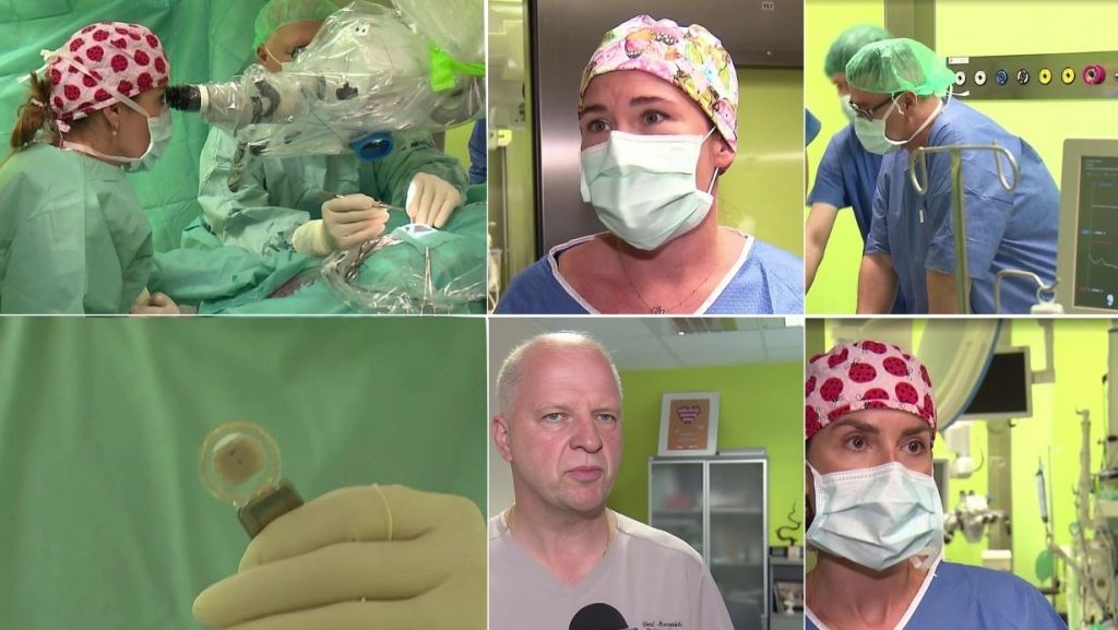 Kolaż zdjęć - zespół Oddziału podczas operacji wszczepienia implantu Nuclear Nexa Cochlear; zastosowany implant ślimakowy; lekarze Oddziału podczas wypowiedzi dla TVP Bydgoszcz