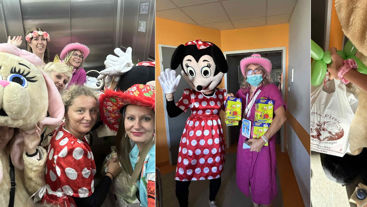 Kolaż zdjęć – paczki z prezentami dla pacjentów, wolontariusze Stowarzyszenia Łatwo Pomagać przebrani w kolorowe stroje i postaci z bajek odwiedzają dzieci w oddziałach szpitala