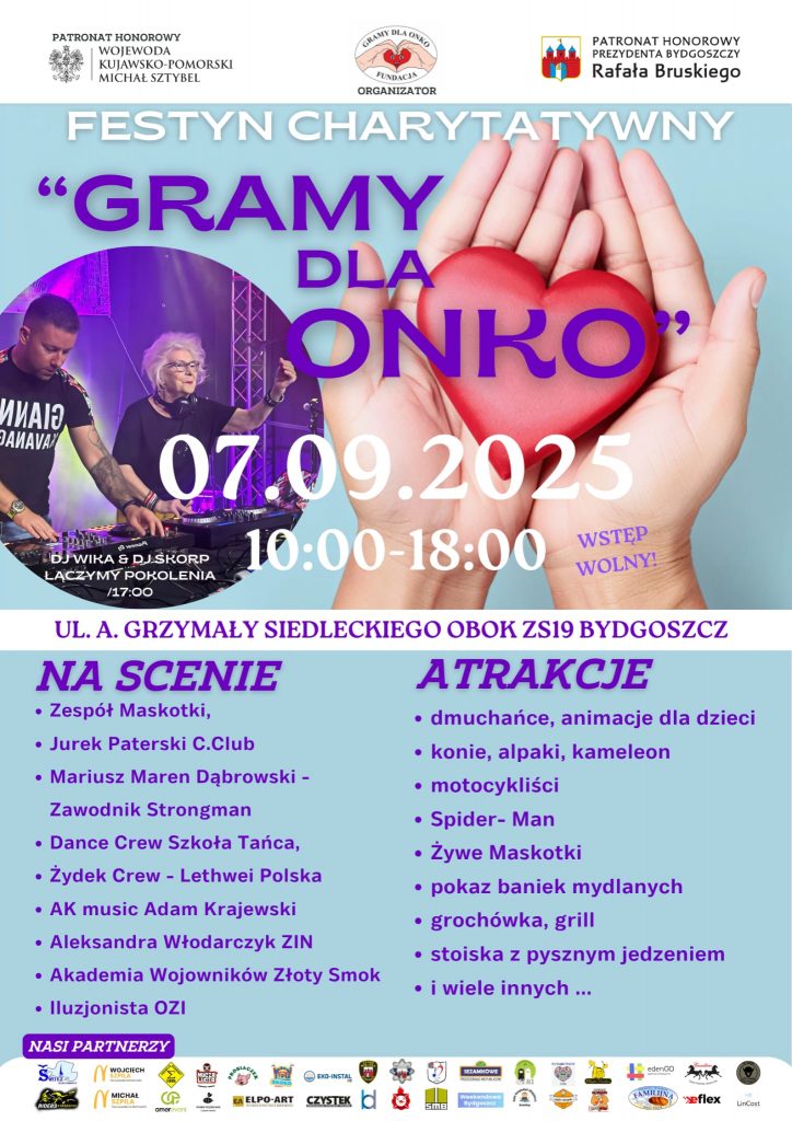 Plakat promujący festyn charytatywny „Gramy dla onko”, który odbędzie się 7 września 2025 r. w Bydgoszczy, w programie występy sceniczne i inne atrakcje