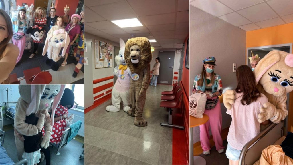 Kolaż zdjęć – wolontariusze przebrani za pluszowe maskotki odwiedzają pacjentów w salach szpitalnych