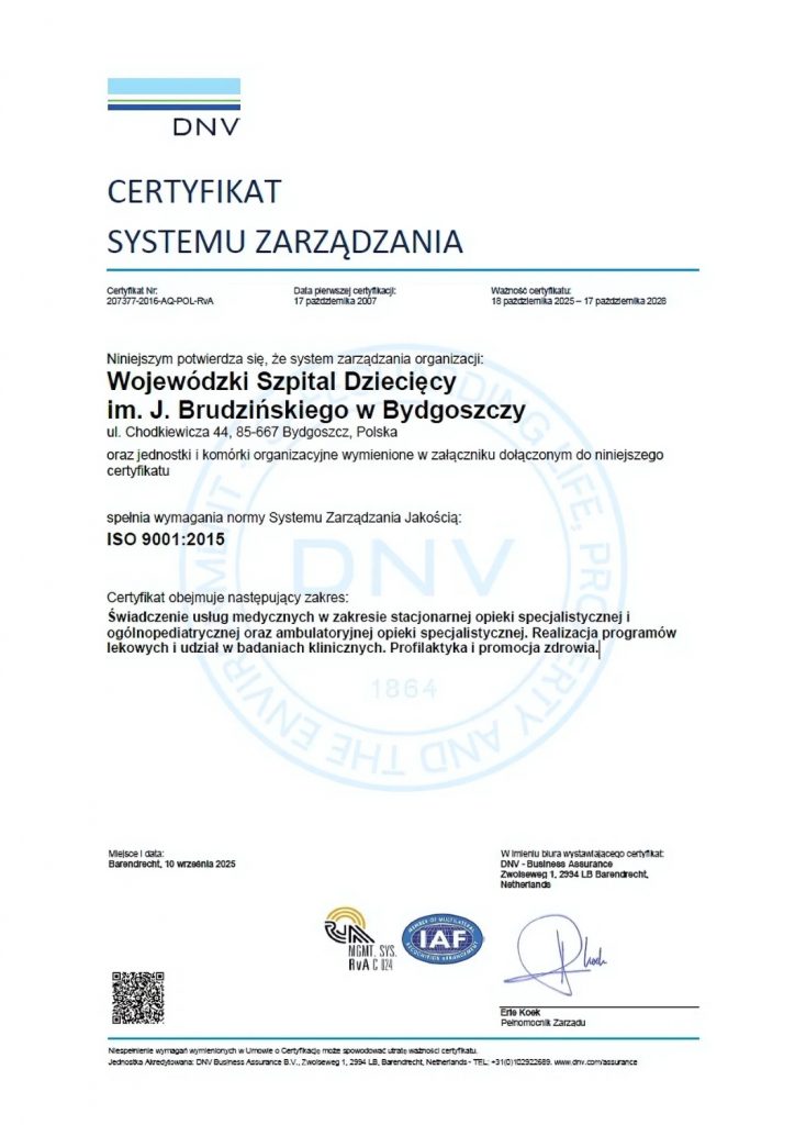 Certyfikat ISO nr 207377-2016-AQ-POL-RvA, potwierdzający spełnienie normy 9001:2015 przez System Zarządzania Jakością Szpitala, wystawiony 10 września 2025. Ważność: 18.10.2025-17.10.2025.