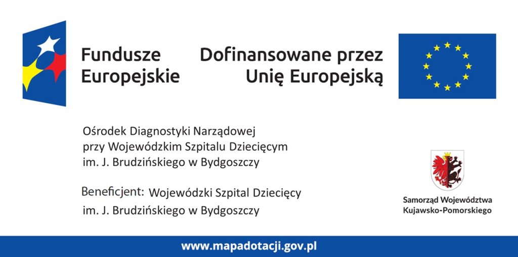 Tablica informacyjna – budowa Ośrodka Diagnostyki Narządowej dofinansowana ze środków Europejskiego Funduszu Rozwoju Regionalnego, znaki Unii Europejskiej i województwa kujawsko-pomorskiego