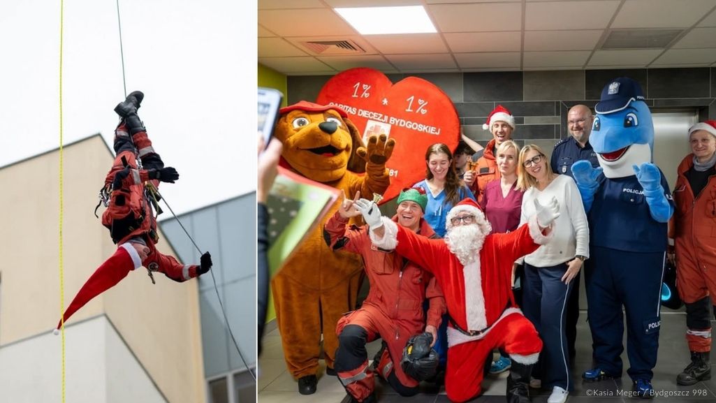 Od lewej: strażak w czapce Św. Mikołaja zwisa na linie; Strażacy, serce Caritasu, delfin policyjny Polfinek, Strażacki Piesek, personel medyczny przed wejściem do oddziału szpitalnego