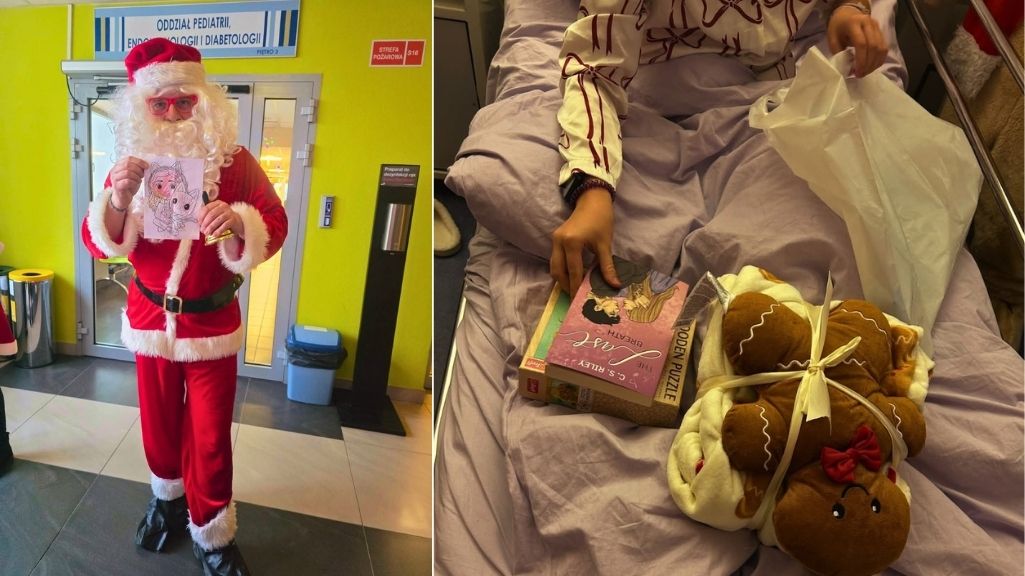 Święty Mikołaj przed wejściem do Oddziału Endokrynologii; pacjent otwiera prezenty