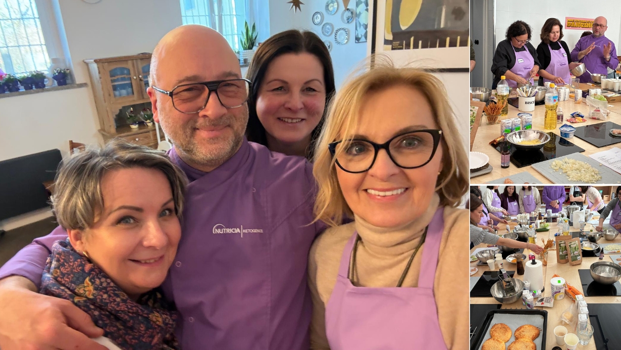 Uczestnicy spotkania podczas warsztatów kulinarnych wspólnie przygotowują potrawy ketogenne