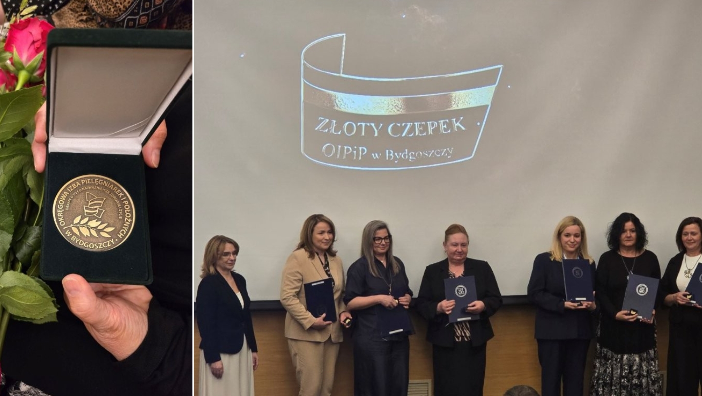 Medal „Złoty Laur” oraz nagrodzone pielęgniarki na scenie Opera Nova w Bydgoszczy