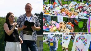 Lek. Kozińska podczas wystąpienia na festynie Razem dla Onko, stoiska z maskotkami, licytacja obrazów
