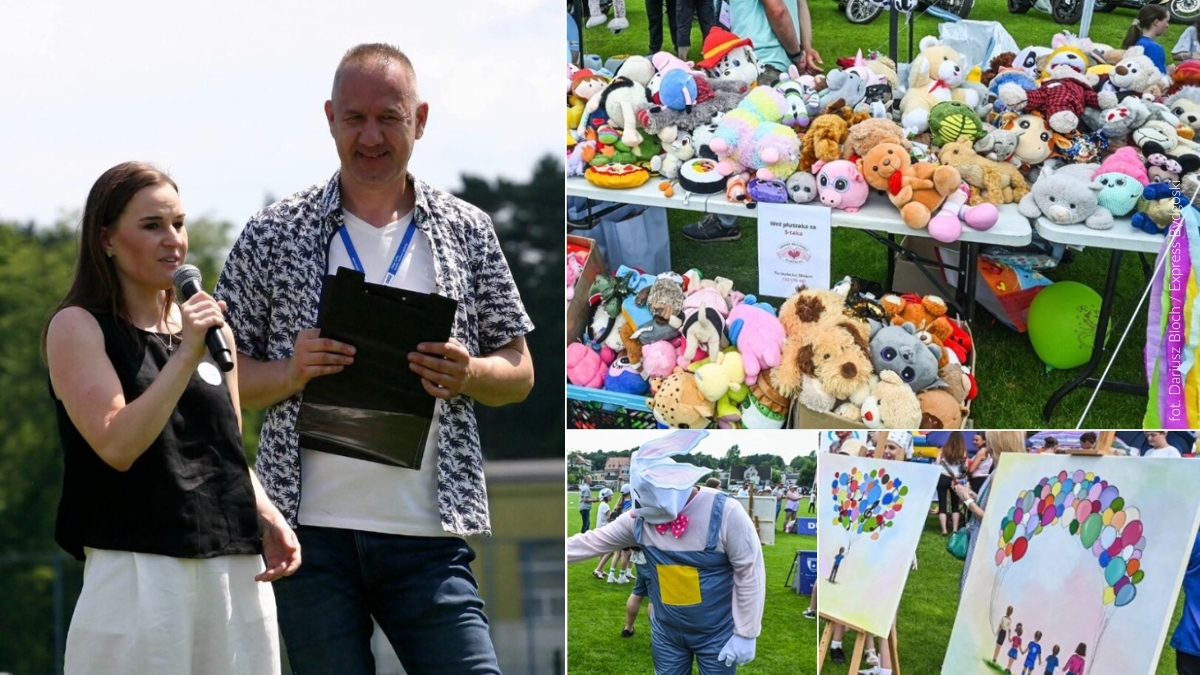 Lek. Kozińska podczas wystąpienia na festynie Razem dla Onko, stoiska z maskotkami, licytacja obrazów